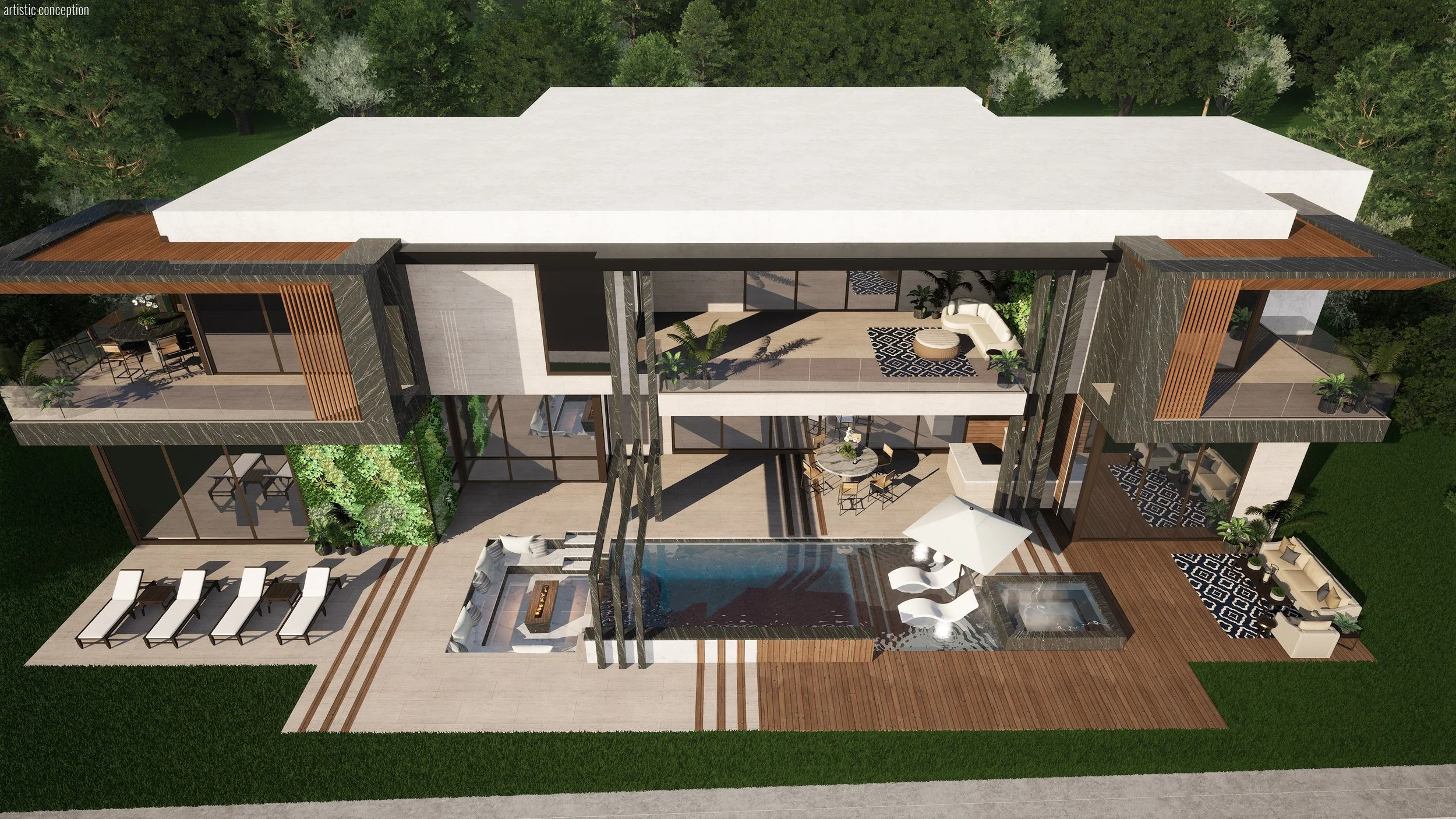 Aerial view of a modern multi-story house with outdoor terraces, a swimming pool, and lush green surroundings.