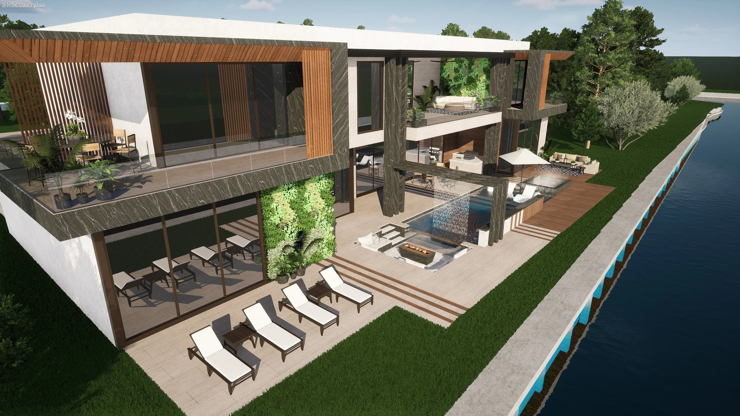 Modern multi-story house with large glass windows, outdoor living spaces, a pool, and a lakeside view, featuring patio furniture, greenery, and wooden accents.