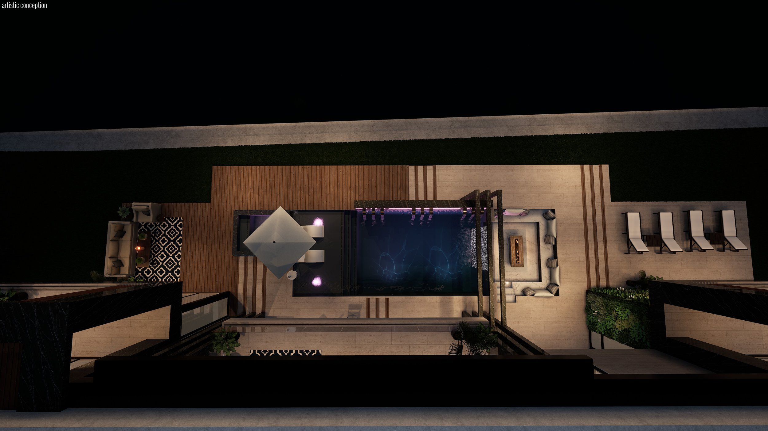 Night view of a modern rooftop patio with a swimming pool, lounge chairs, outdoor seating, and decorative lighting.