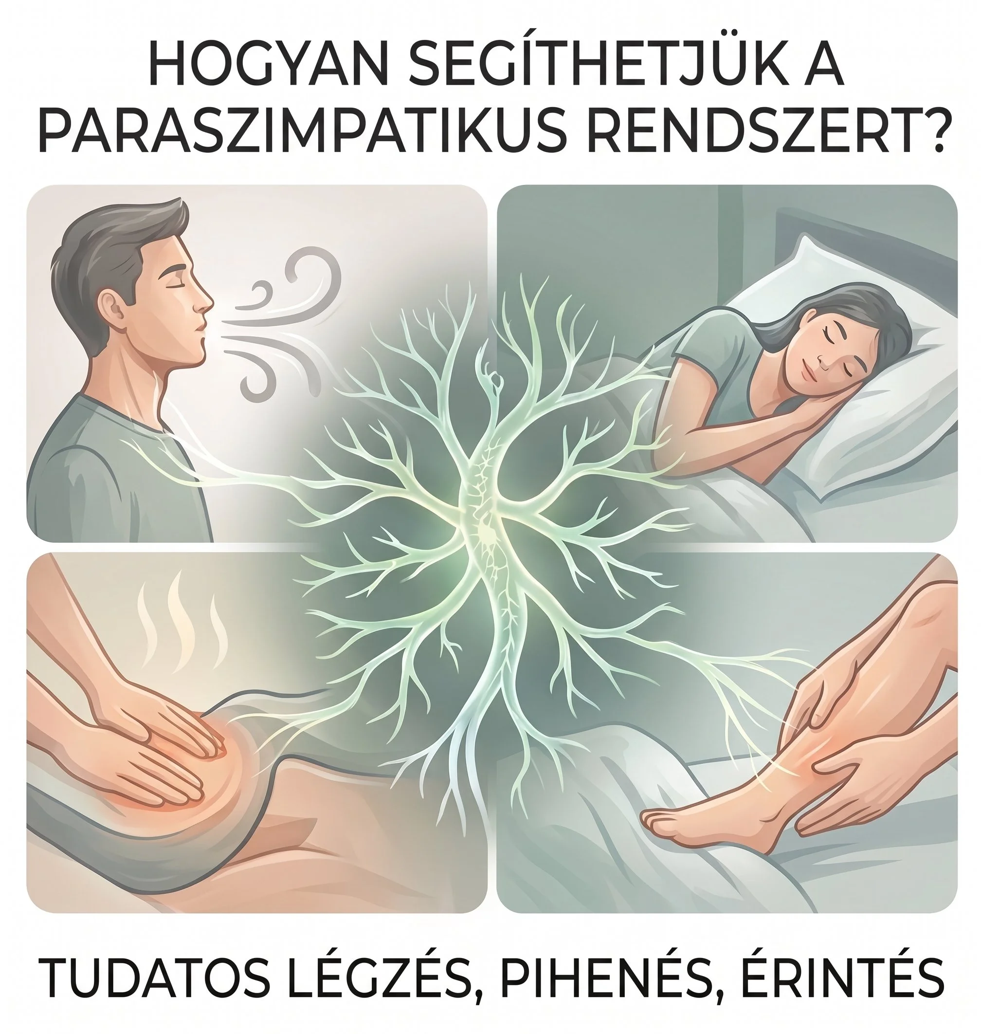 A diagram showing a person breathing in through their nose, with inhalation, and a woman sleeping peacefully, with a tree in the middle symbolizing relaxation and connection. The text in Hungarian and another language discusses the importance of conscious breathing, resting, and prescribing.