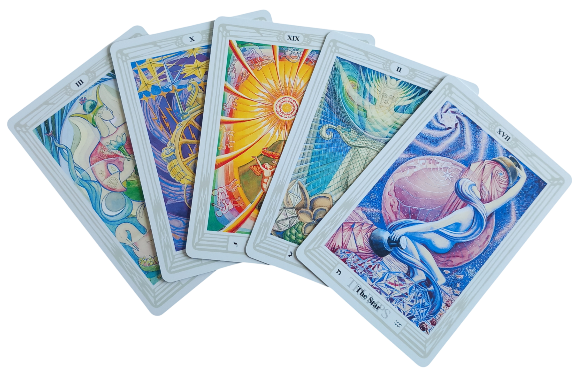 Five colourful tarot cards fanned out, including The Star, showing detailed illustrated artwork.