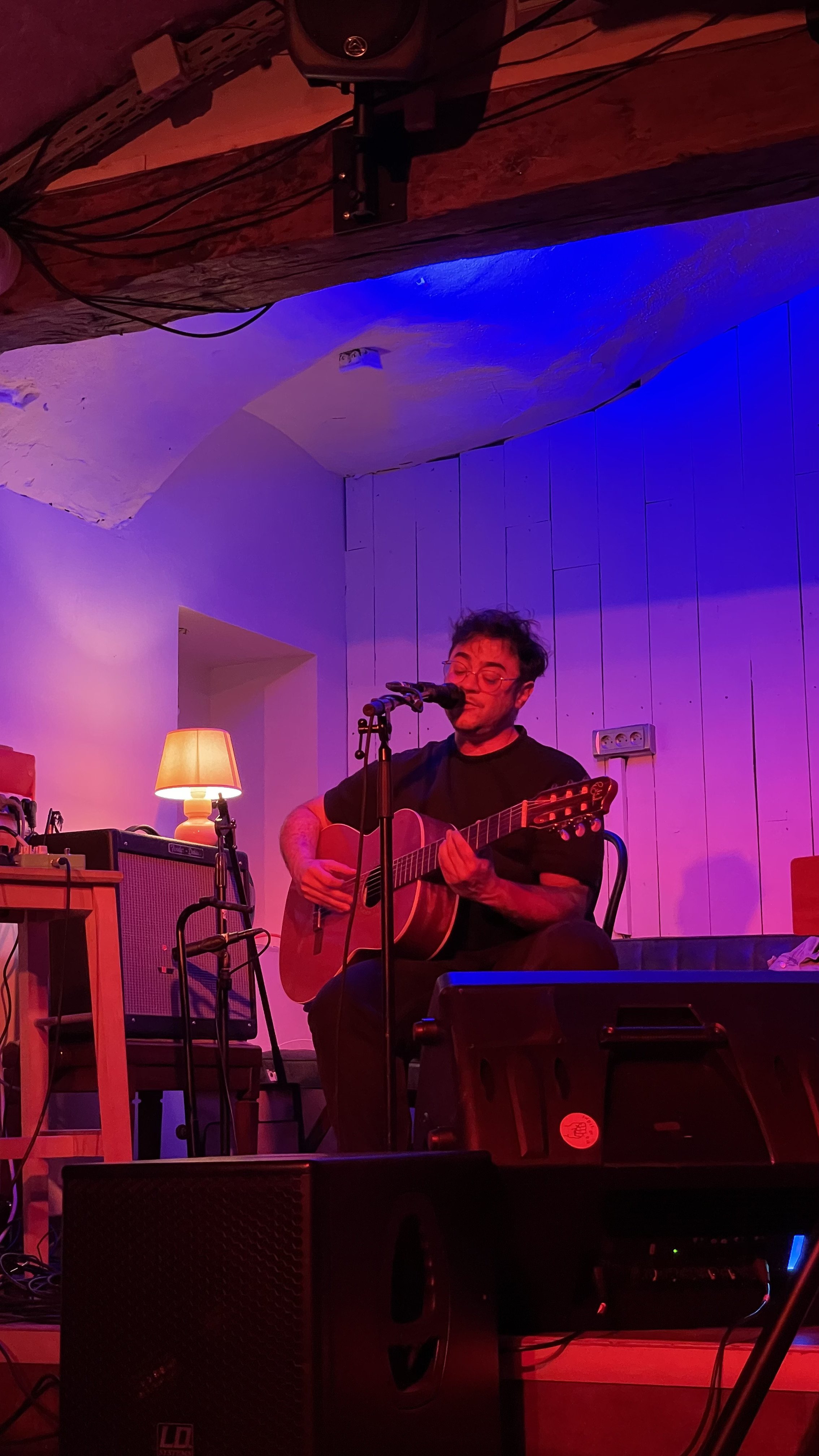Une personne joue de la guitare acoustique et chante lors d'une performance musicale dans une pièce avec un éclairage coloré violet et rouge