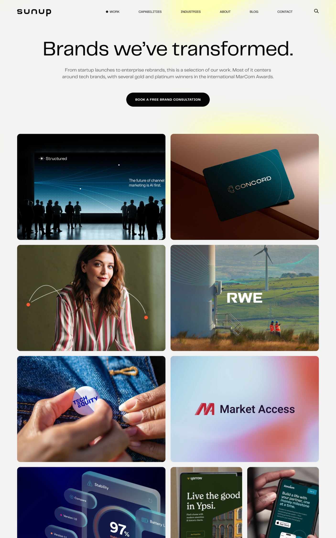 A screenshot of Sunup's portfolio webpage showing a section titled "Brands we've transformed" with images of tech branding projects.