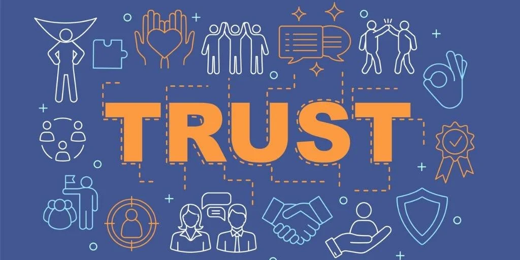 Illustration with the word "TRUST" in large orange letters surrounded by various icons representing community, communication, support, and security on a blue background.