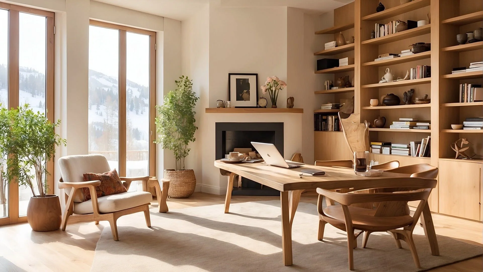 Modern living room with large floor-to-ceiling windows showing snowy mountains, wooden furniture, a bookshelf filled with books and decorative items, a fireplace with a framed picture above, potted plants, and a desk with a laptop and coffee mug.