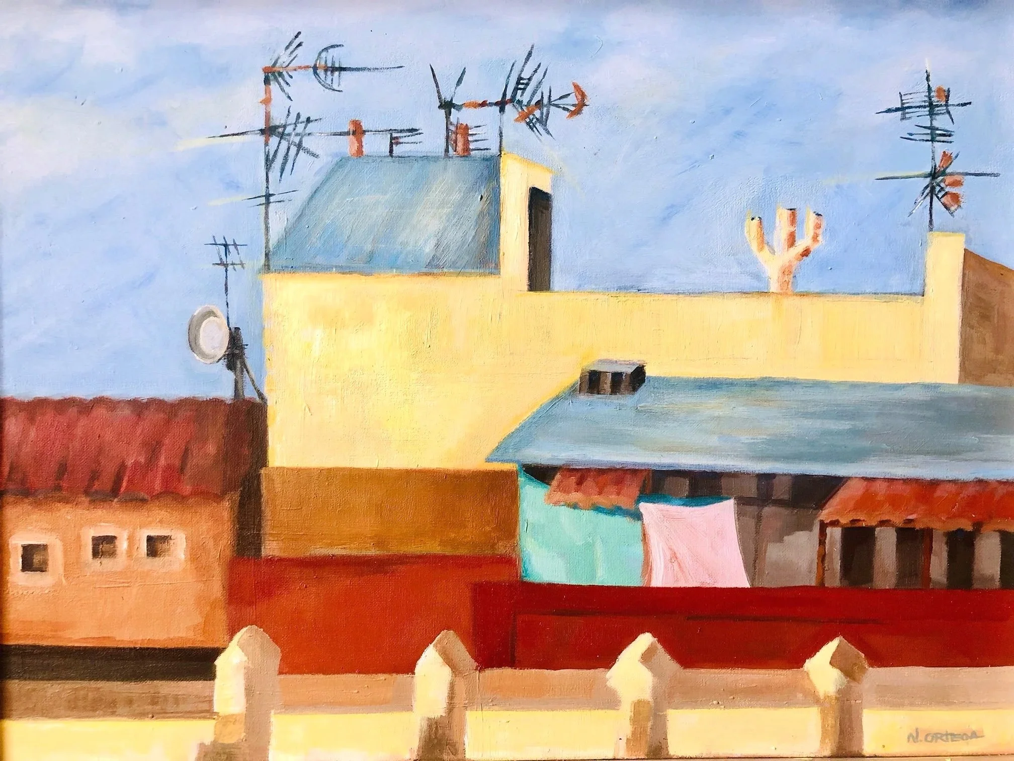 Barcelona Rooftops with Laundry, Acrylic,  18 x 24 inches