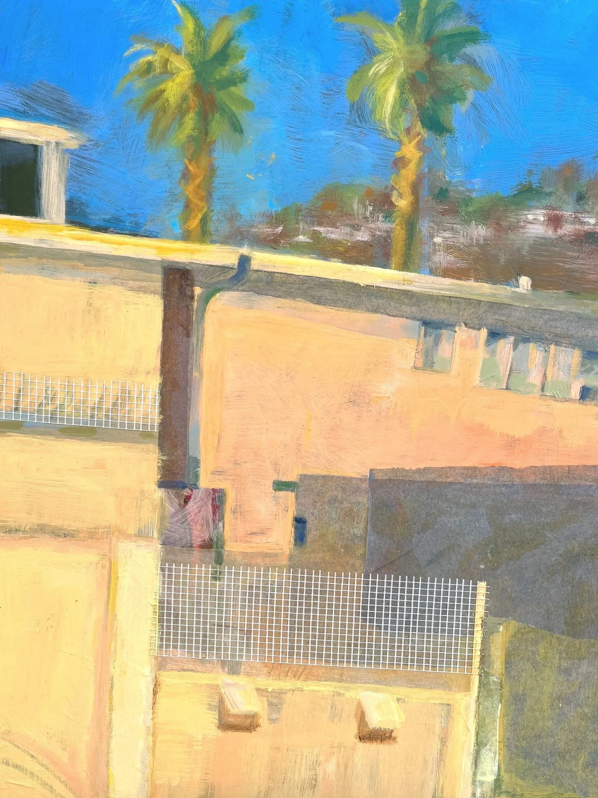 LA Building with Palms, Acrylic & Mixed Media, 12 x 16 inches