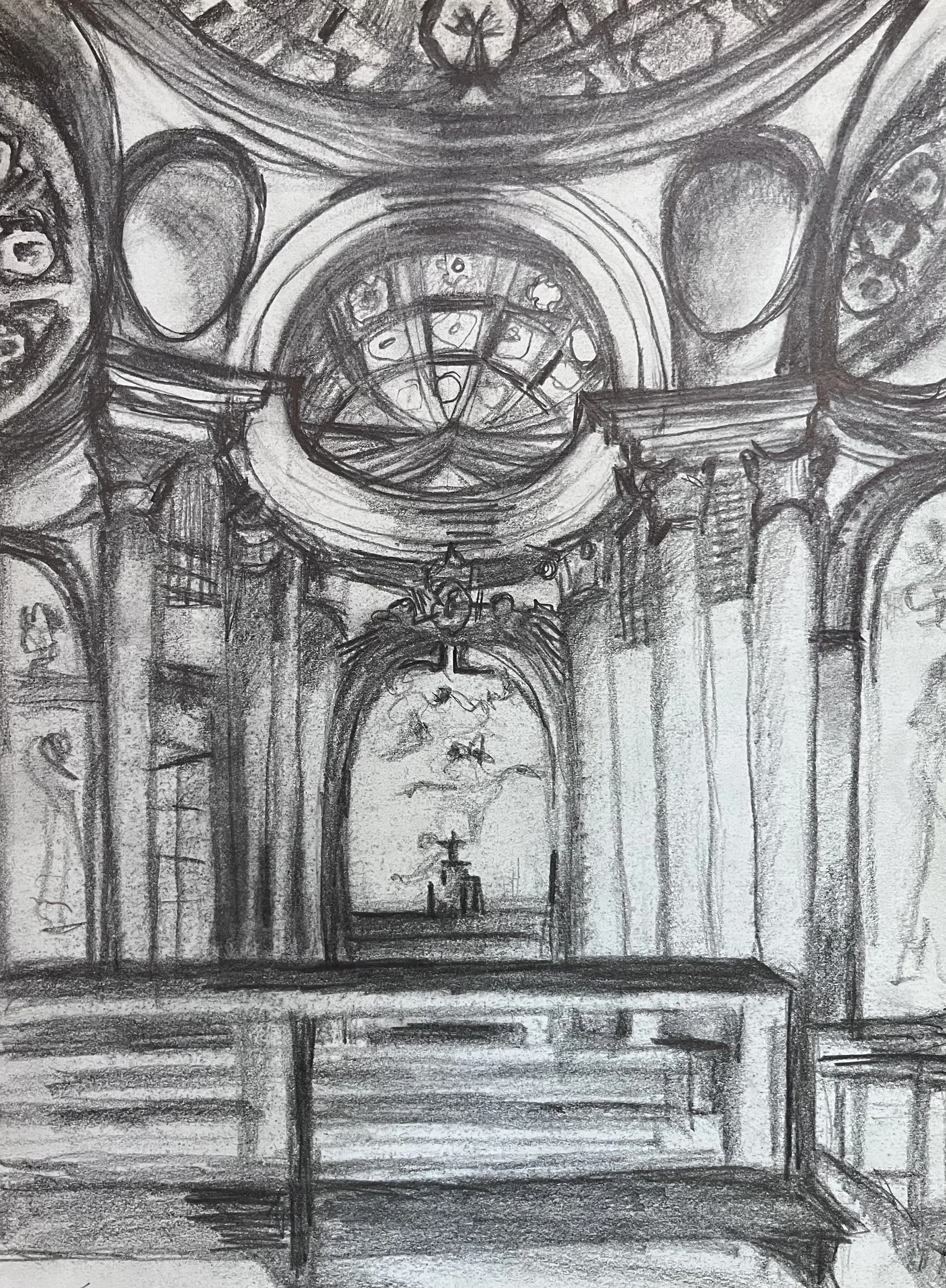 Rome Church Pews, Drawing, 8 x 11 inches