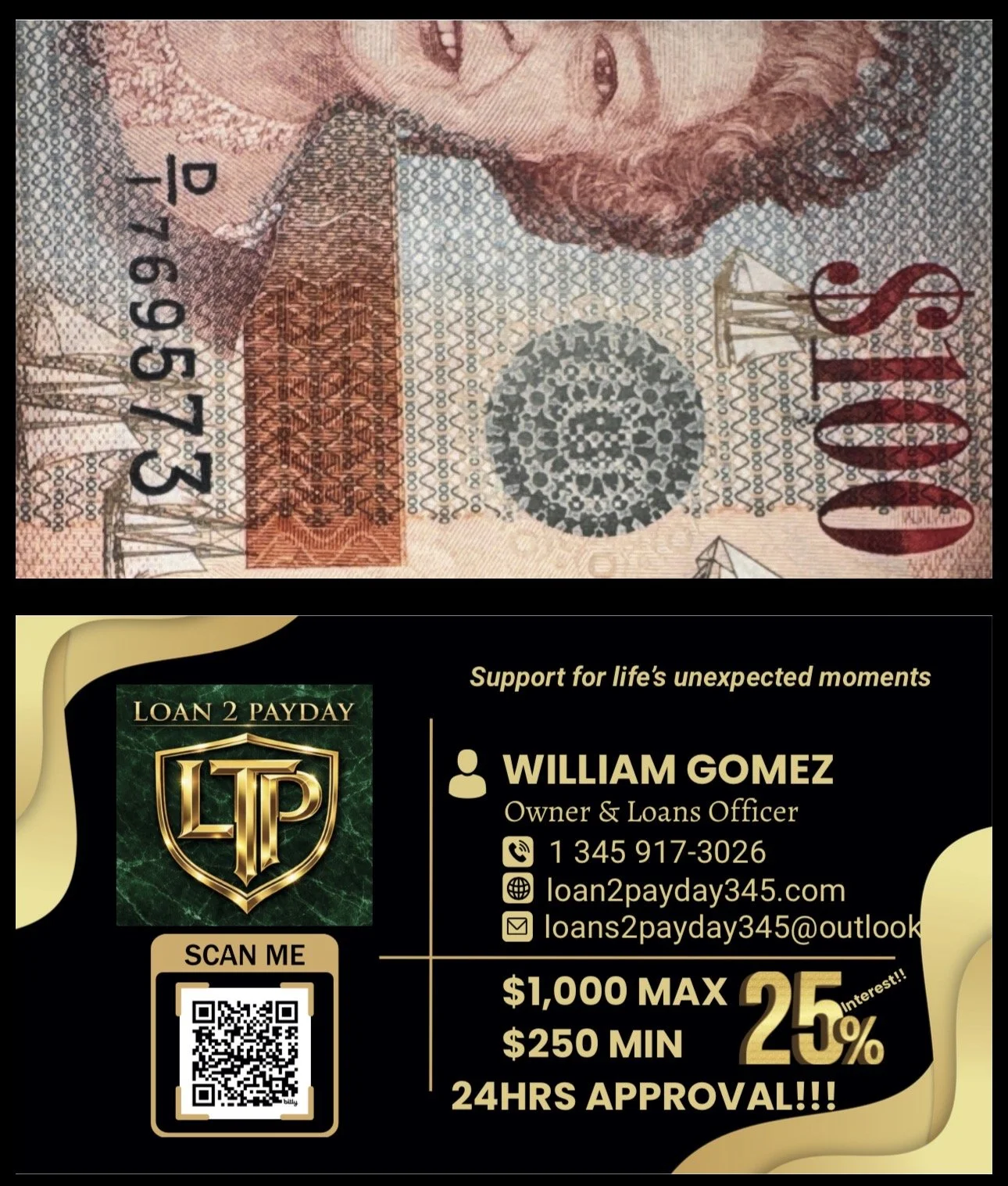 A close-up photo of a 50-dollar bill featuring a portrait of Ulysses S. Grant at the top. Below the bill, there is an advertisement for a payday loan company with contact information, a QR code, and promotional details.