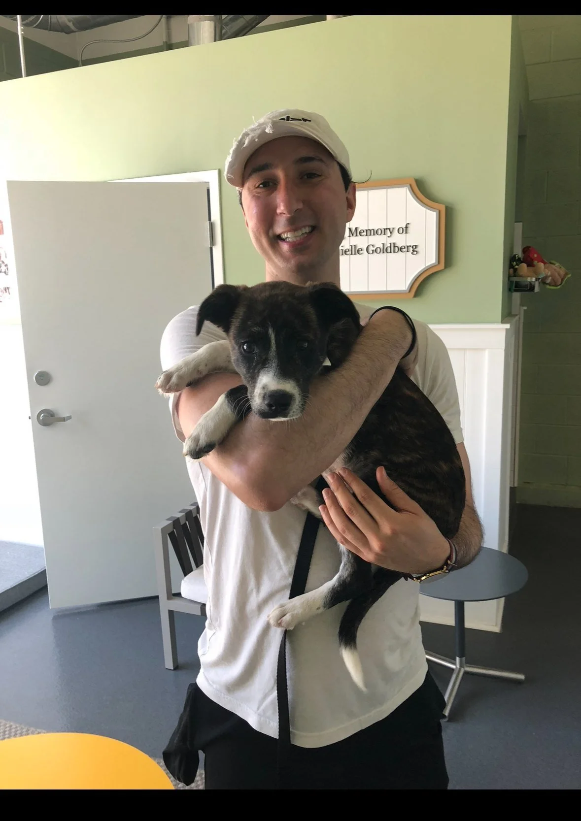 Jared Hocking holding a foster puppy while supporting Chicago-area dog rescue