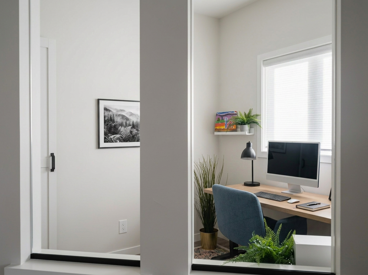Home office with a desk, computer, chair, plants, window, and wall decor in a bright room.