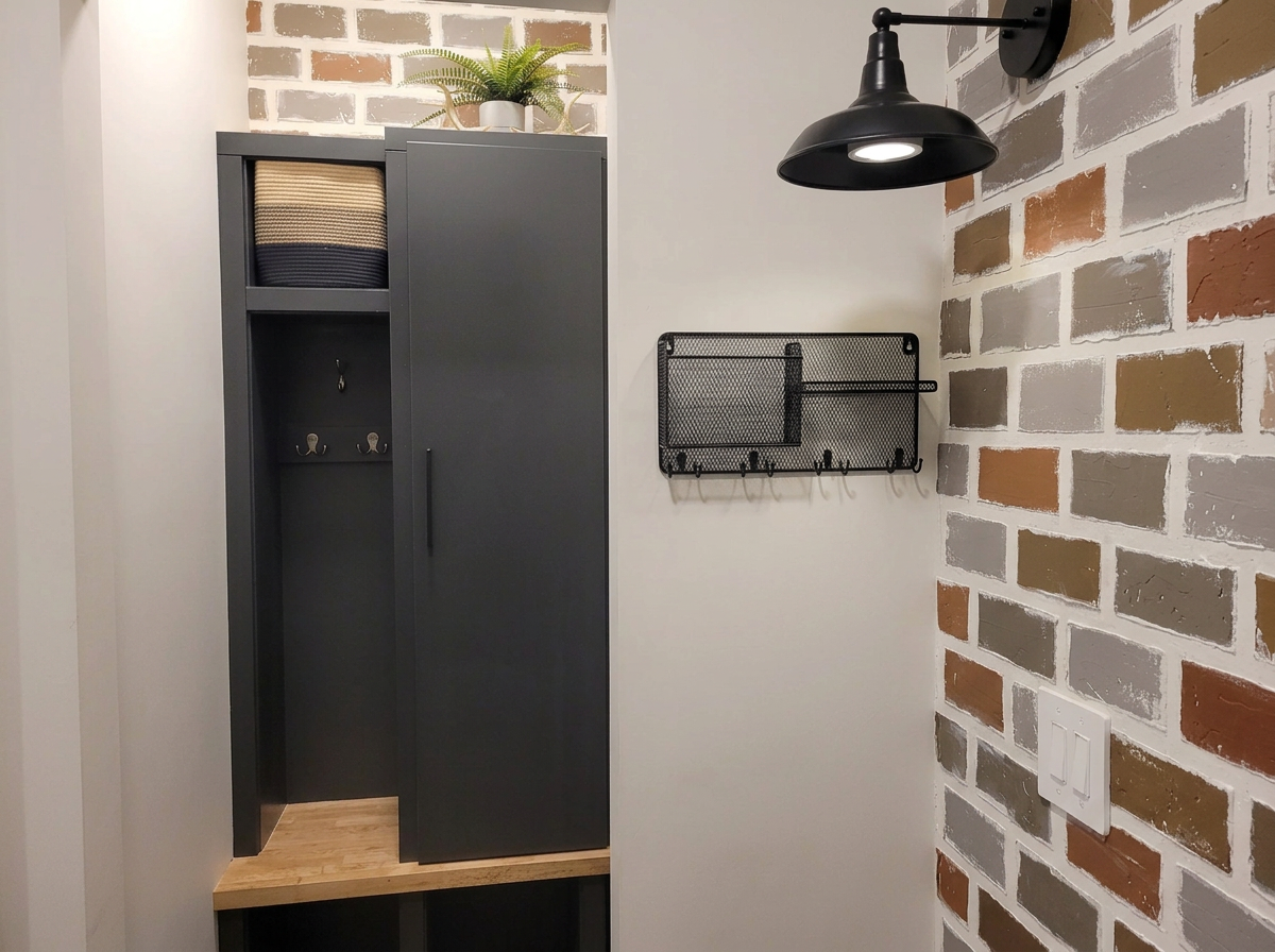 Interior of a room with a brick wall, black wall-mounted light fixture, black metal wall organizer with hooks, grey storage cabinet, and a potted fern on top.