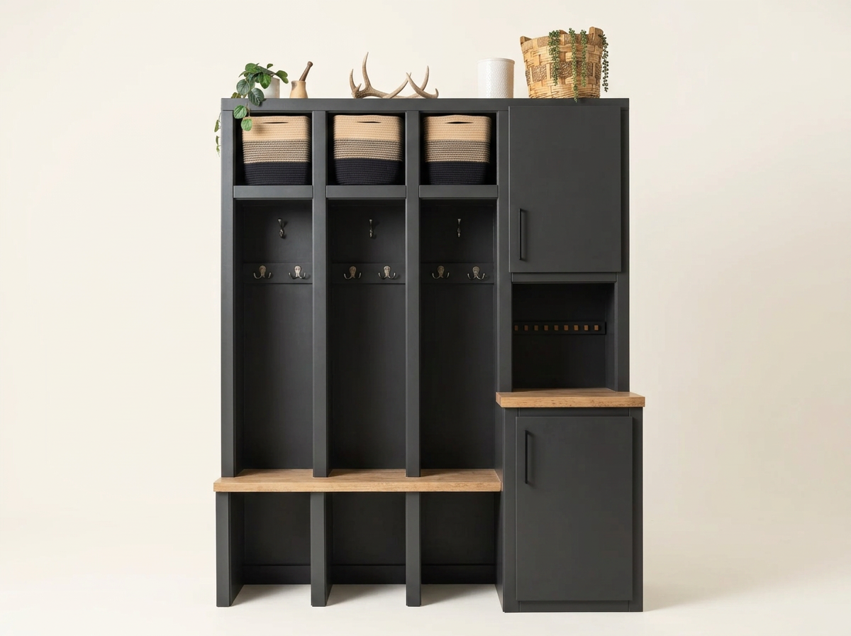 A black and wood hall tree with hooks, storage compartments, and baskets on top, decorated with plants, antlers, a vase, and a basket. Mudroom essential!