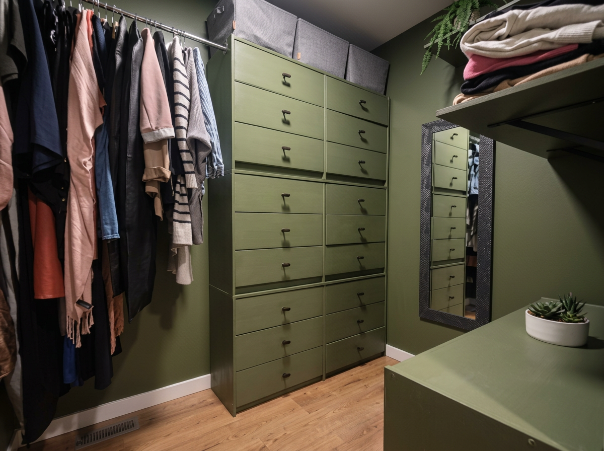 Walk-in closet with hanging clothes, green storage unit with multiple drawers, mirror, and a shelf with folded clothes and a potted succulent plant.