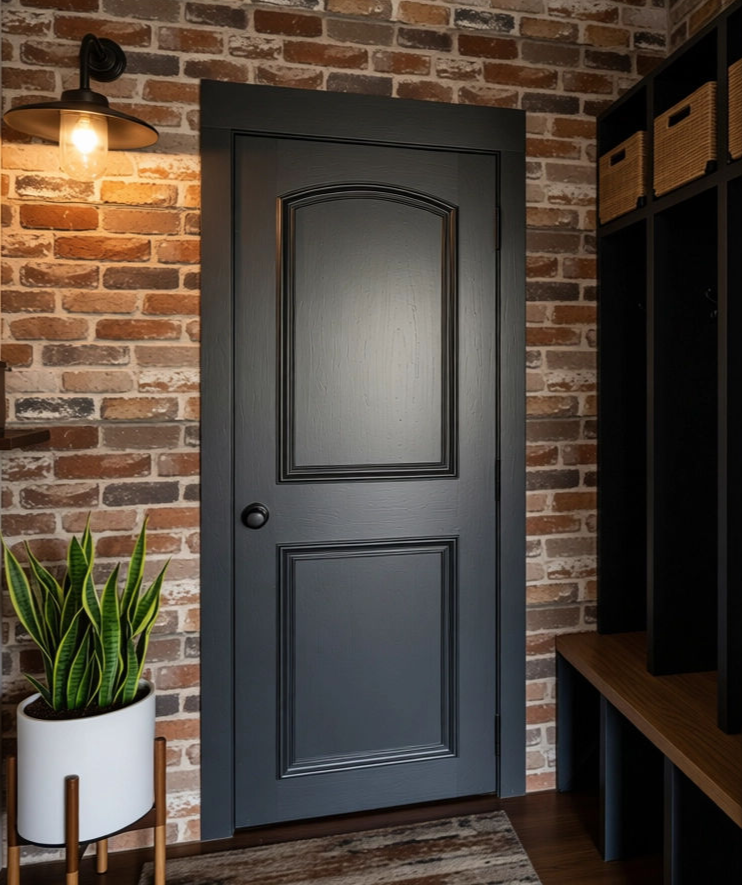 A black interior door with decorative panels is set against an exposed brick wall, with a wall-mounted black lamp on the left and a black shelving unit with woven baskets on the right. A potted snake plant in a white planter is placed on the floor to the left of the door.