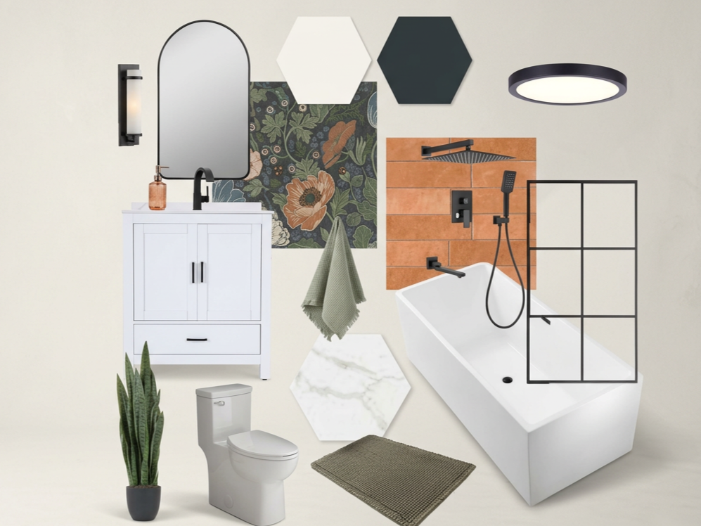 A modern bathroom with a white vanity, a mirror, a black light fixture, a toilet, a potted plant, a bath with a black frame shower screen, wall tiles, a towel, and decorative tile samples on the wall.
