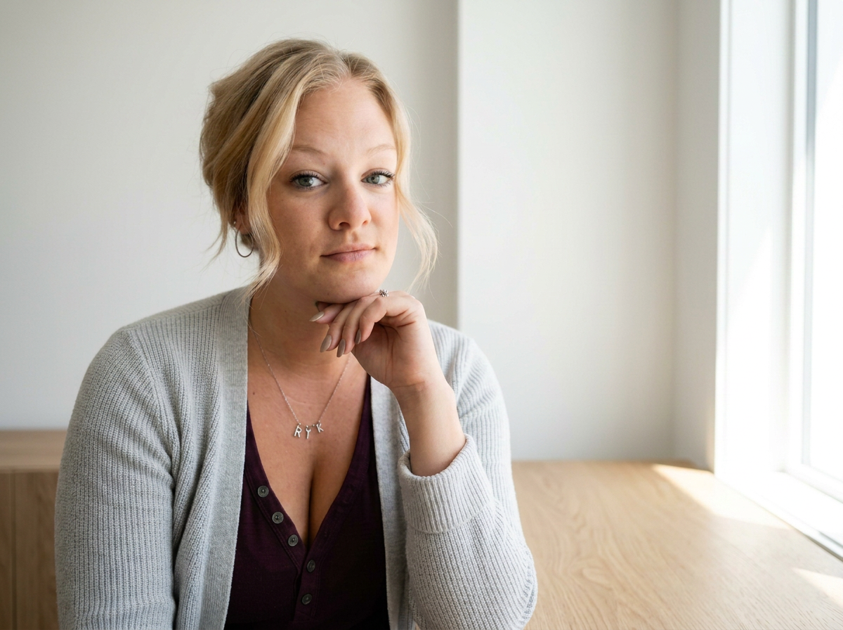 A woman with blonde hair and blue eyes resting her chin on her hand, sitting at a wooden table near a window, looking at the camera.