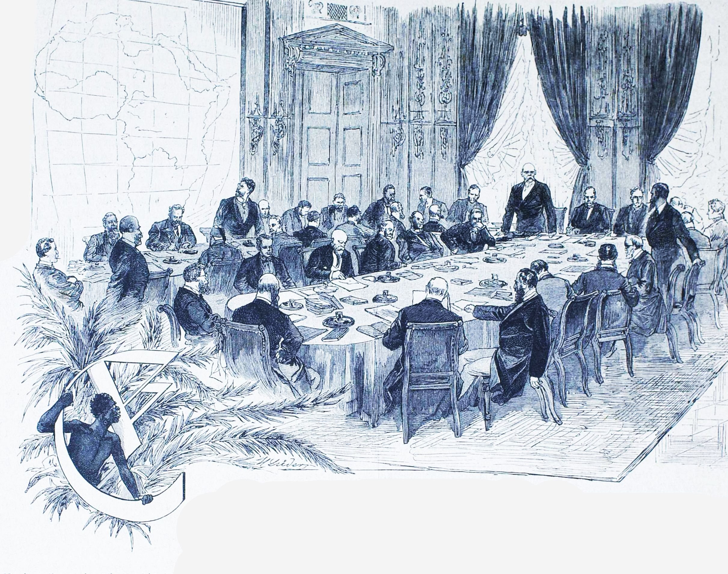 1884 Die Gartenlaube engraving of the Berlin Conference — European delegates around a table beneath a map of Africa, an African figure in the foreground.