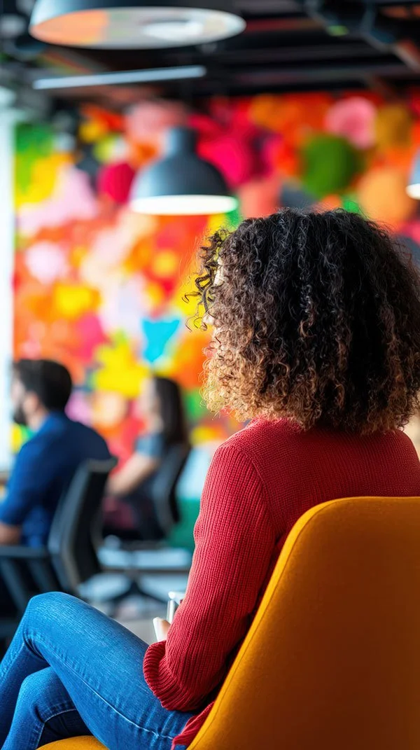 Back of woman sat in a group setting