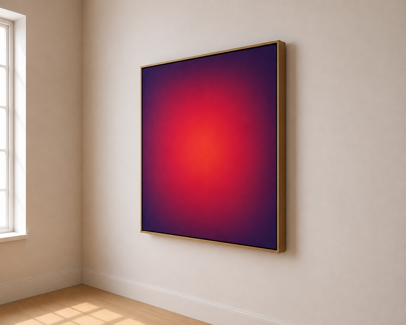 A large, framed digital artwork with a gradient of colors from purple to red hangs on a plain white wall in a room with a window and wooden floor.