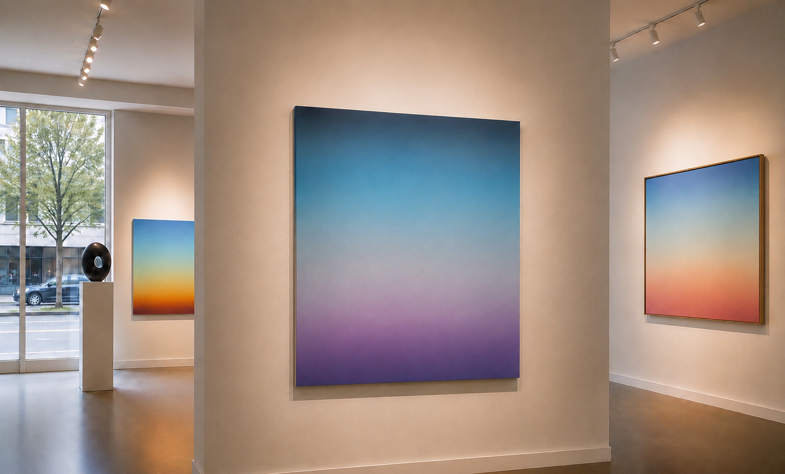 Art gallery with three gradient abstract paintings, a sculpture on a pedestal near the window, and large front window showing outside trees and buildings.