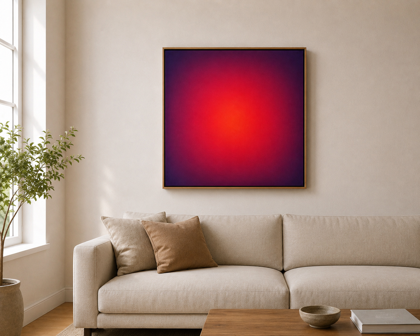 Living room with beige sofa, two cushions, a side table with bowl and book, potted plant, large framed artwork with red and purple gradient on wall, and a window with sunlight.