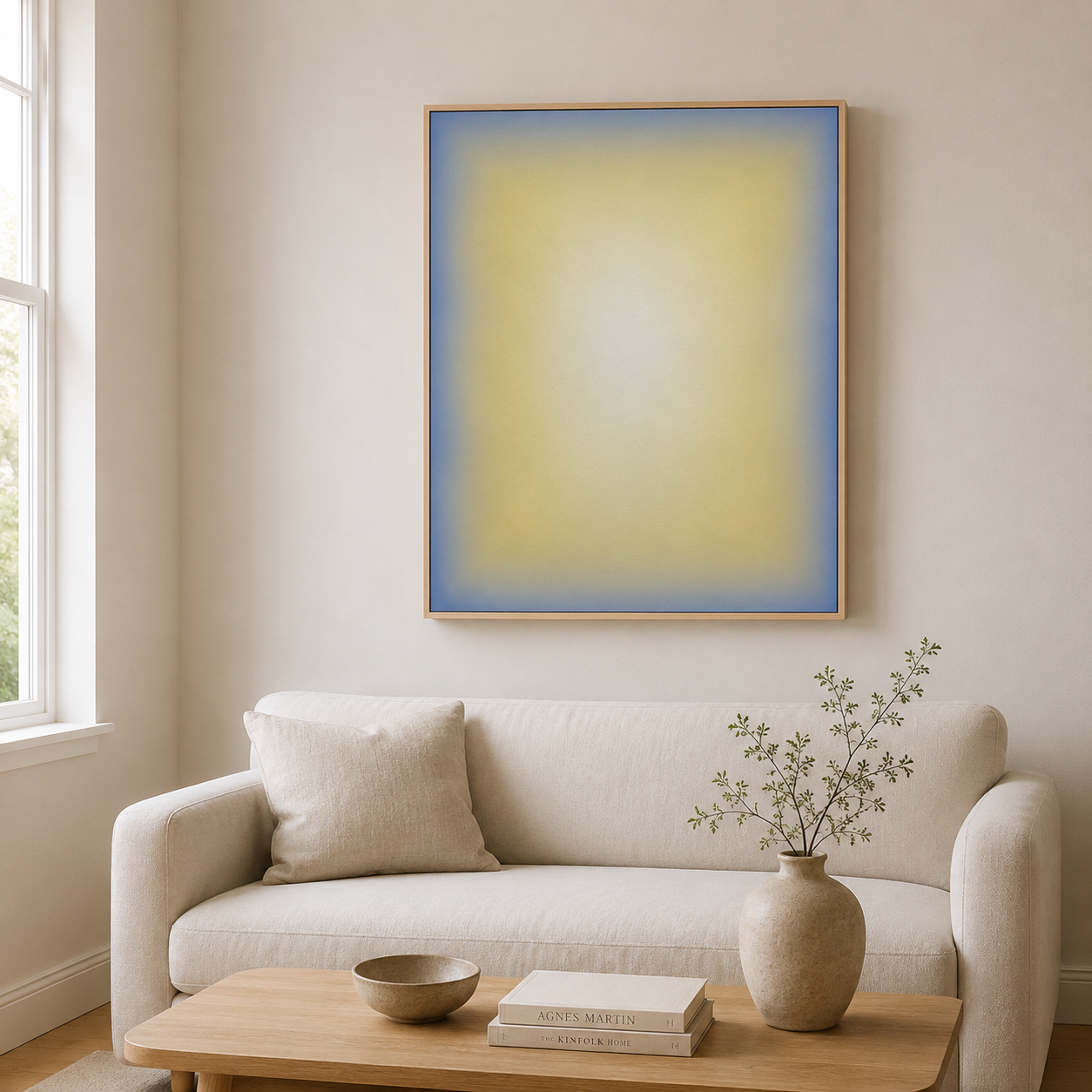 A contemporary living room with a white sofa, beige cushion, wooden coffee table, a beige vase with greenery, and a large abstract painting with a blue and yellow gradient on the wall.