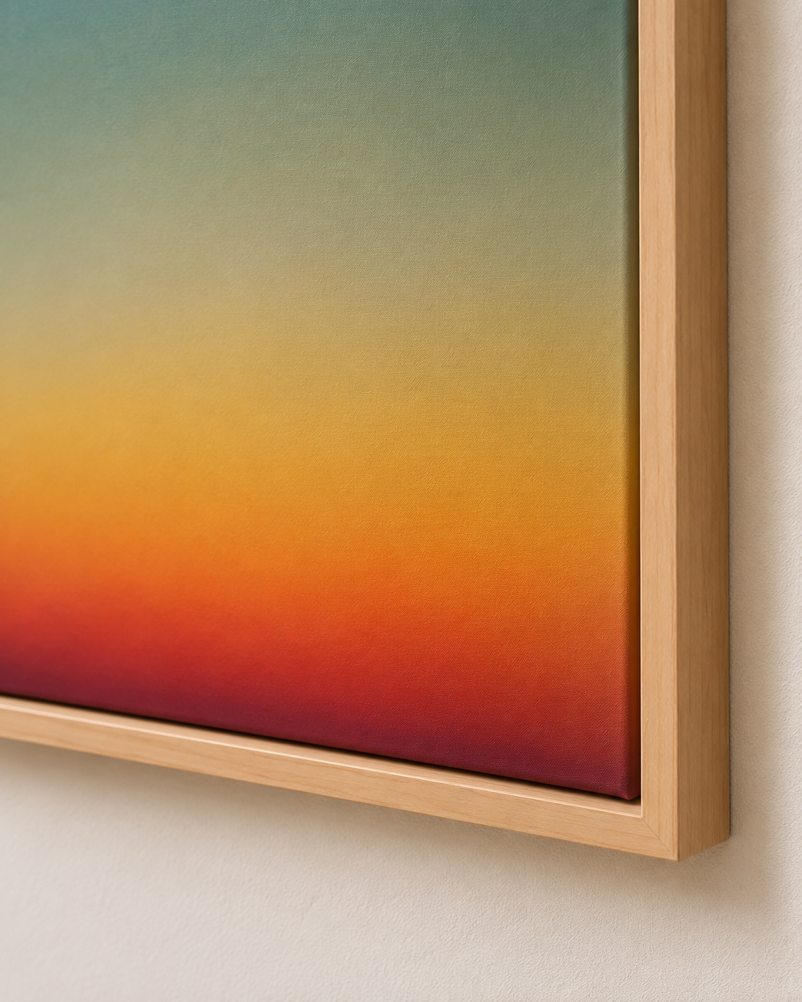 Close-up of a framed gradient art piece with soft transitions from green to yellow to red, mounted on a white wall.