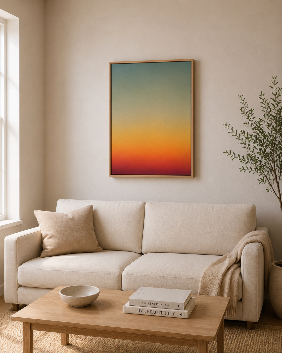 A cozy living room with a white sofa, beige pillow, and beige blanket, a wooden coffee table with a bowl and books, a framed colorful gradient sunset painting on the wall, a potted plant, and natural light coming through a window.
