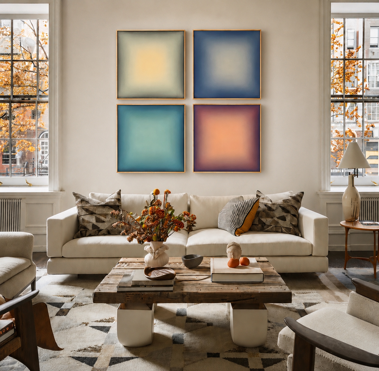 Living room with a cream sofa decorated with patterned pillows, a wooden coffee table with decorative items, and a white vase holding orange flowers. Behind the sofa, four colorful abstract paintings are hung on the wall. Large windows with orange-le