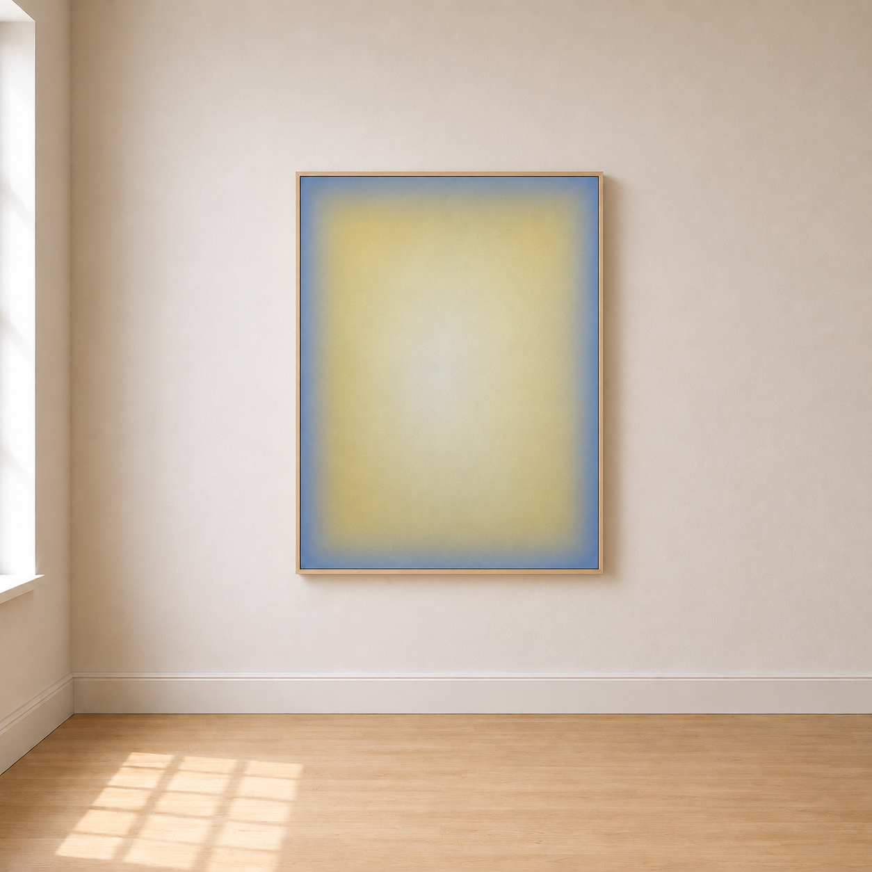 Abstract painting on a white wall in a gallery with natural light coming through the window.