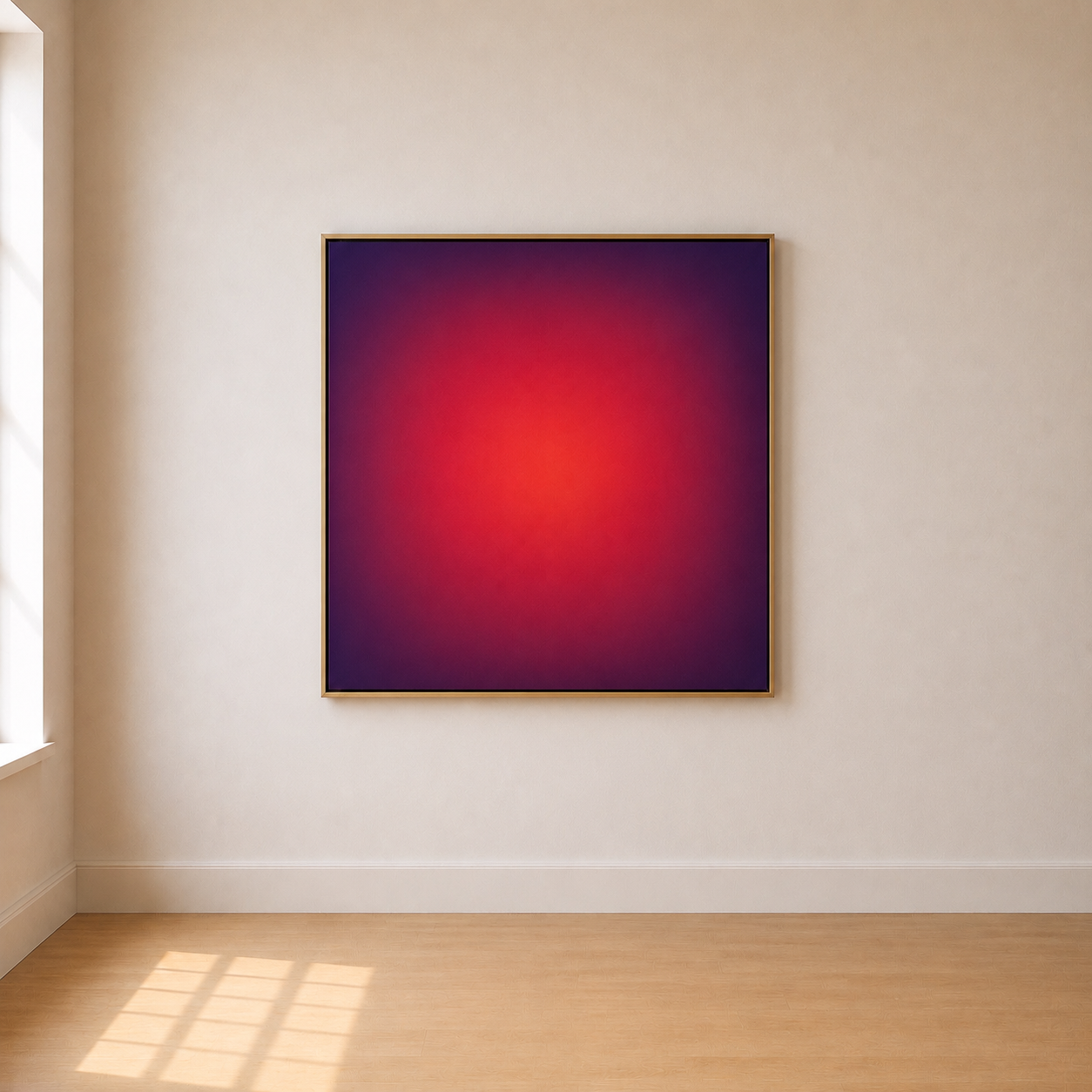 A framed abstract artwork with a gradient of purple, pink, and red hues hanging on a white gallery wall, with sunlight casting shadows on the wooden floor.