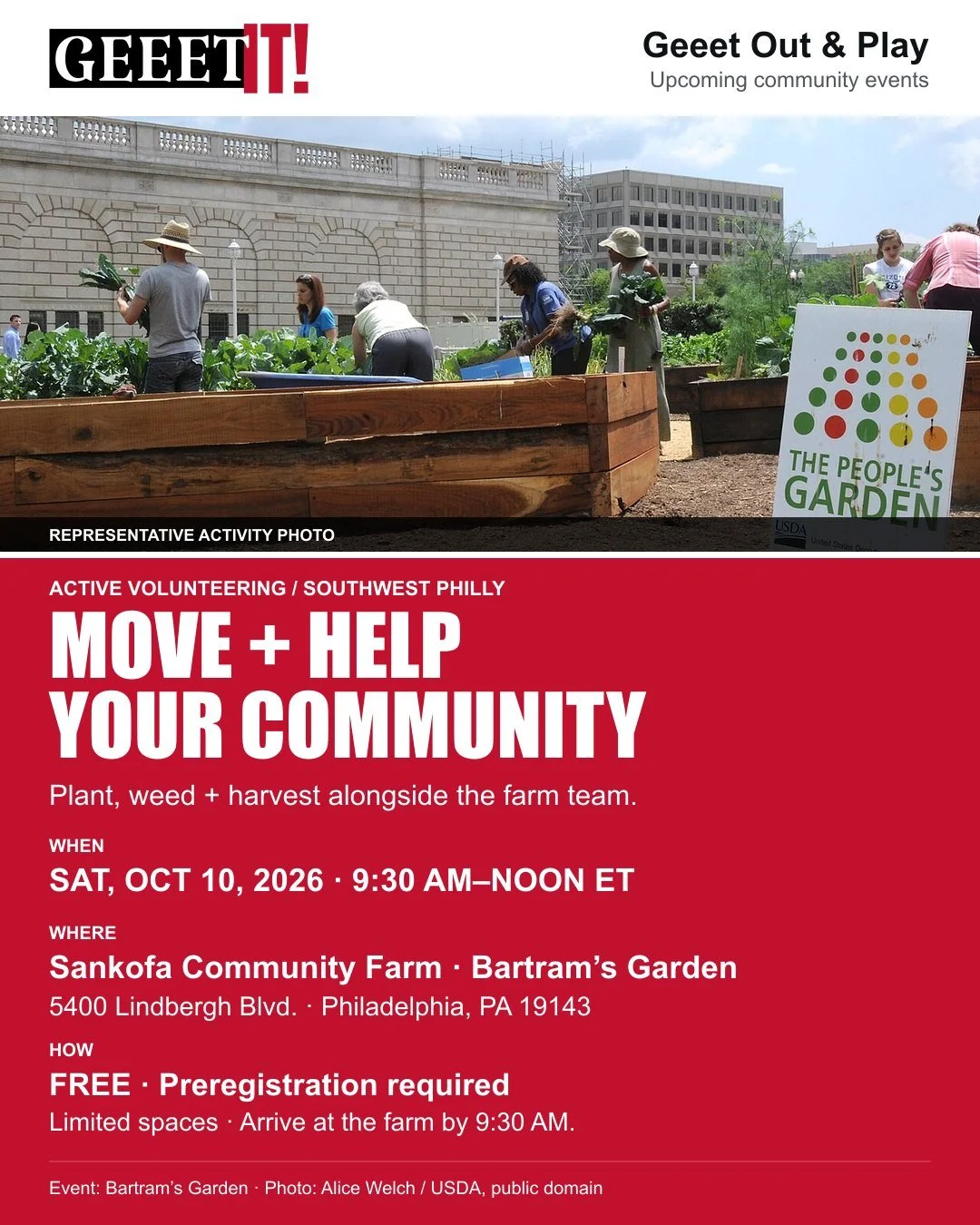 Get moving while helping a community farm. This hands-on volunteer session includes seasonal planting, weeding, harvesting, invasive-plant removal and orchard work. Tasks and effort vary; it is active volunteering, not a coached fitness class.

WHEN: