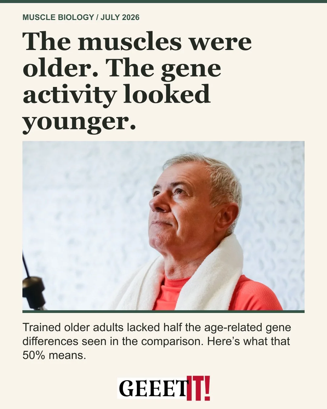 The muscles were older. The gene activity looked younger.

Trained older adults lacked half the age-related gene differences seen in the comparison. Here&rsquo;s what that 50% means.

Swipe for the experiment, the comparison and what the result actua