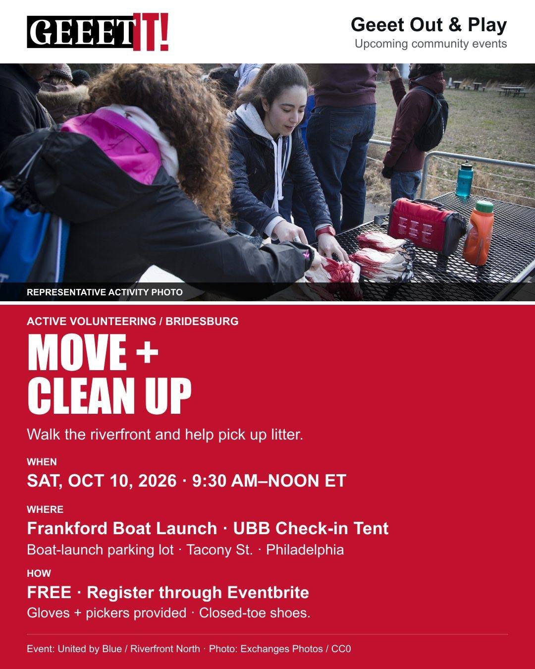 Get outside and help care for the riverfront. Join United by Blue and partners for walking, litter collection and hands-on cleanup. Effort varies; this is volunteering, not a fitness class.

WHEN: Saturday, October 10, 2026, 9:30 a.m.&ndash;noon ET.
