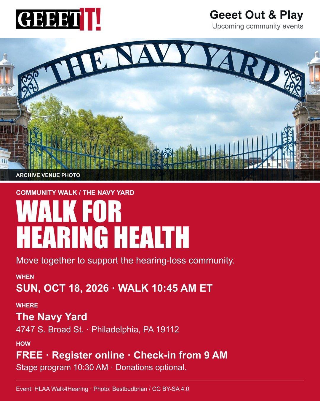 Walk alongside the community at Pennsylvania Walk4Hearing, supporting hearing health and connection.

WHEN: Sunday, October 18, 2026. Registration starts at 9 a.m., the stage program at 10:30 and the walk at 10:45 a.m. ET.
WHERE: The Navy Yard, 4747 