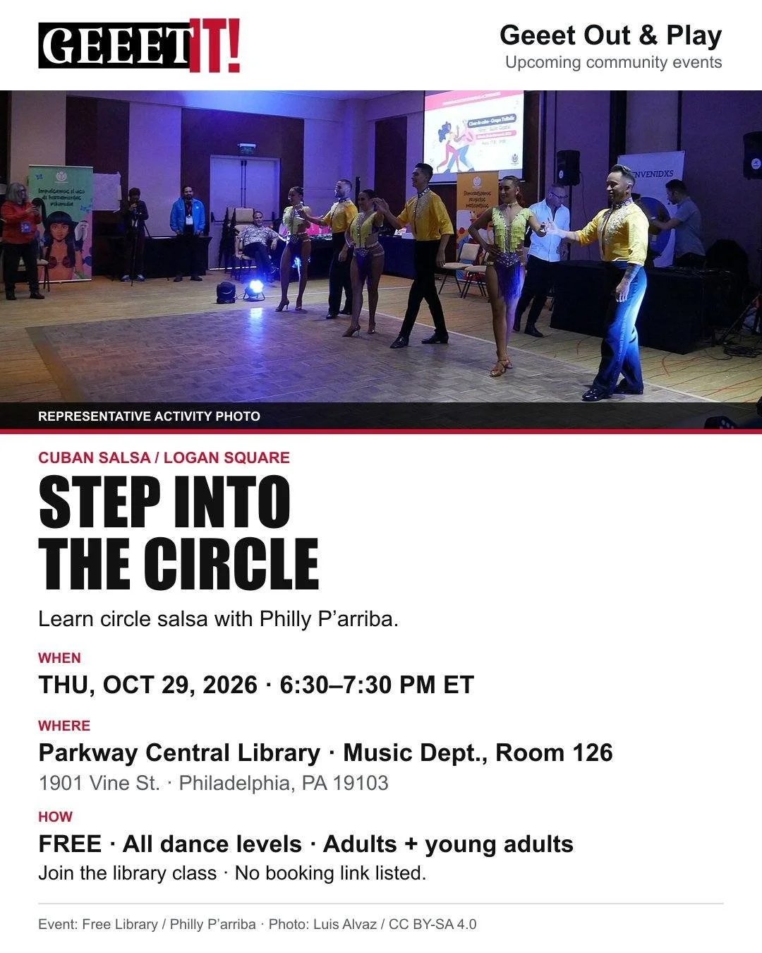 Try salsa in a circle. Philly P&rsquo;arriba teaches Rueda de Casino, a lively Cuban dance where partners rotate as a caller leads the moves. Beginners and experienced dancers are welcome.

WHEN: Thursday, October 29, 2026, 6:30&ndash;7:30 p.m. ET.
W
