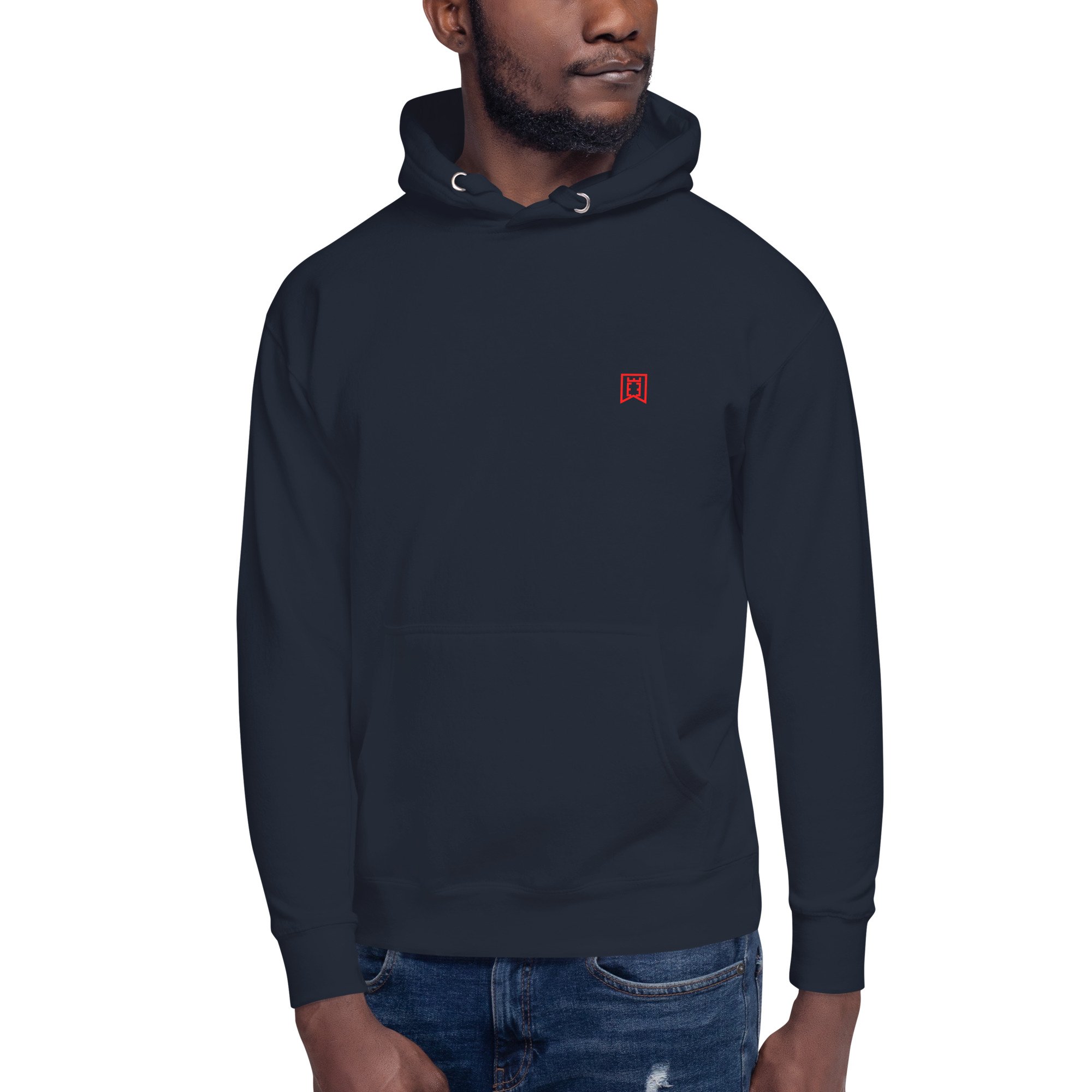 Partial view of a man wearing a black hoodie with a red and white logo on the left chest area, and blue jeans.