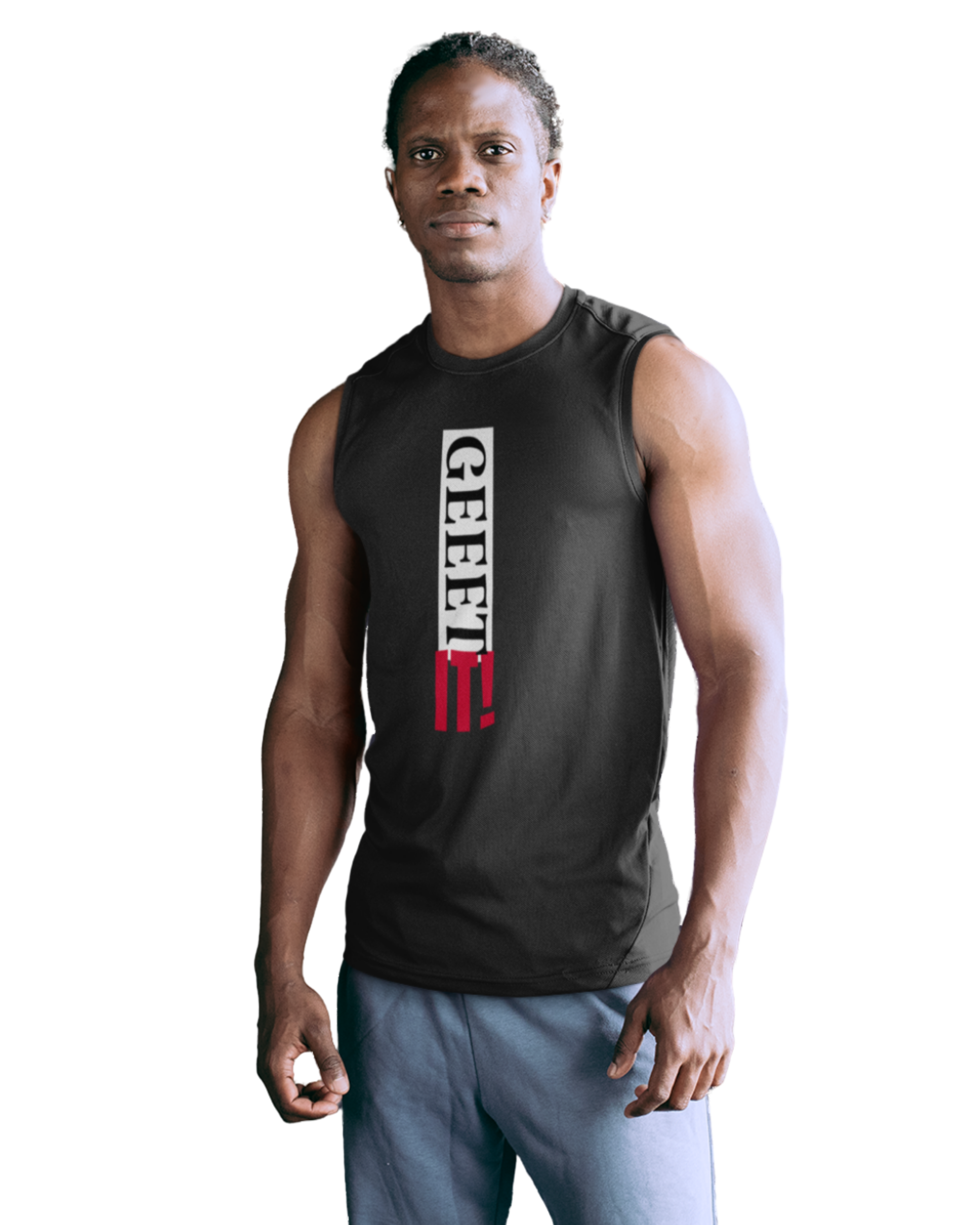 Man modeling a black Geeet IT! sleeveless training shirt