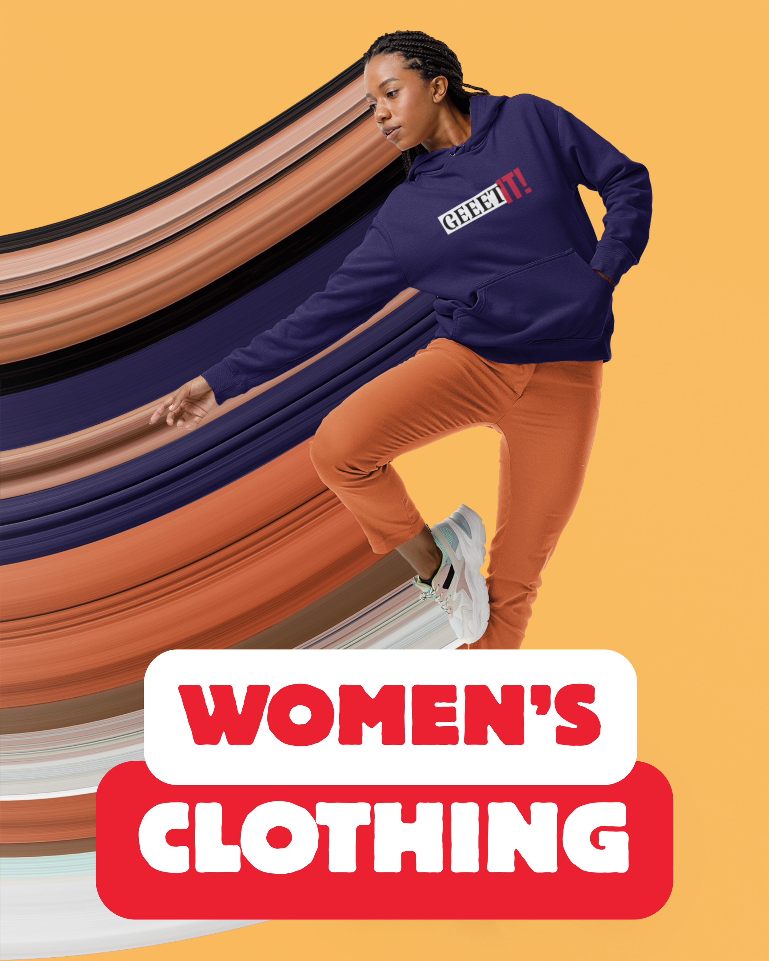 Woman in a navy Geeet IT! hoodie and orange pants against a yellow background with a motion-blur effect.