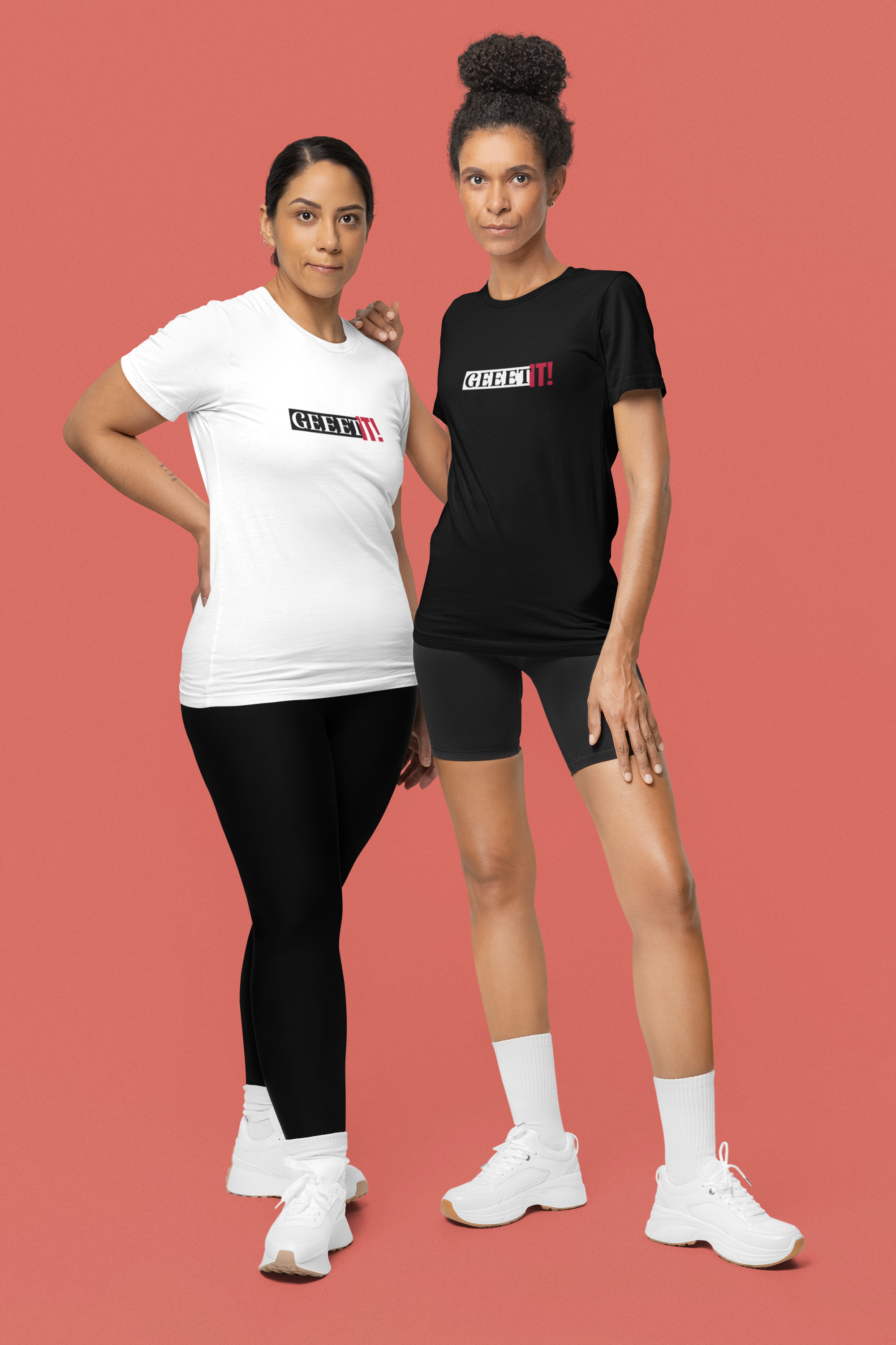 Two women modeling black and white Geeet IT! branded T-shirts