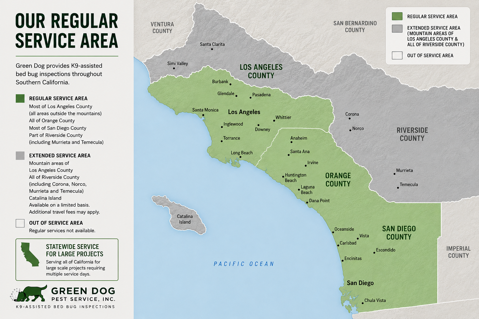 Map of Green Dog Pest Service's Southern California service area, showing regular and extended coverage for independent K9 bed bug inspections.
