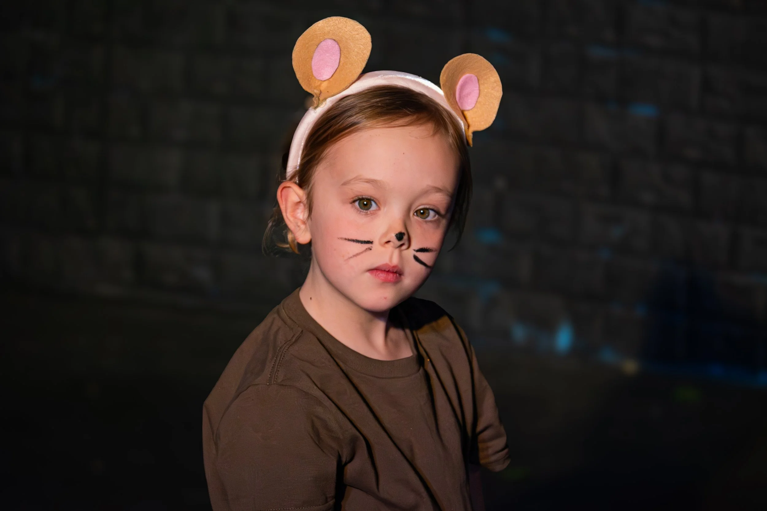 A young girl with face paint resembling a mouse, wearing a brown shirt and mouse ears headband, standing in front of a dark background.