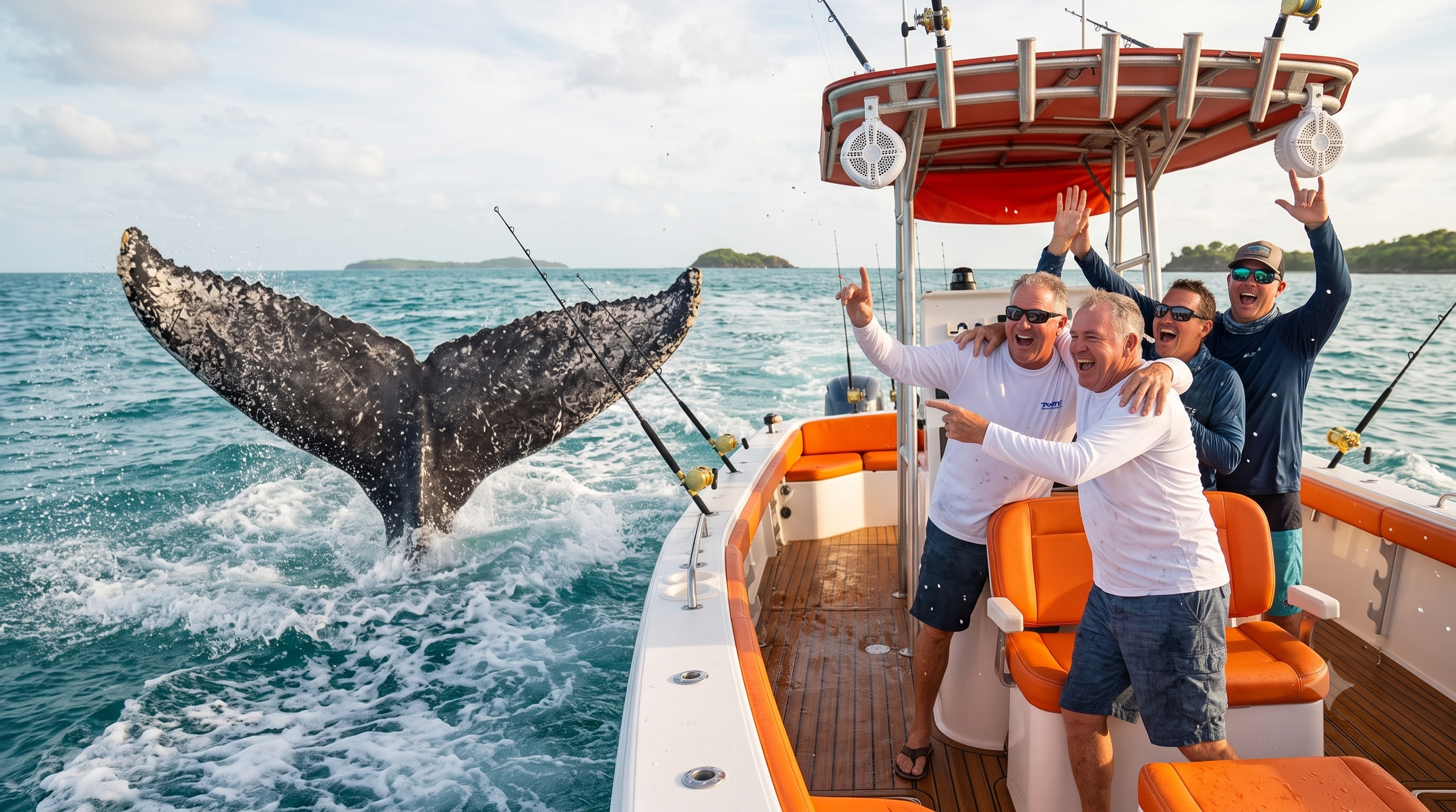 Diversión en un paseo en barco con un grupo de hombres celebrando mientras observan el salto de una ballena en el océano.