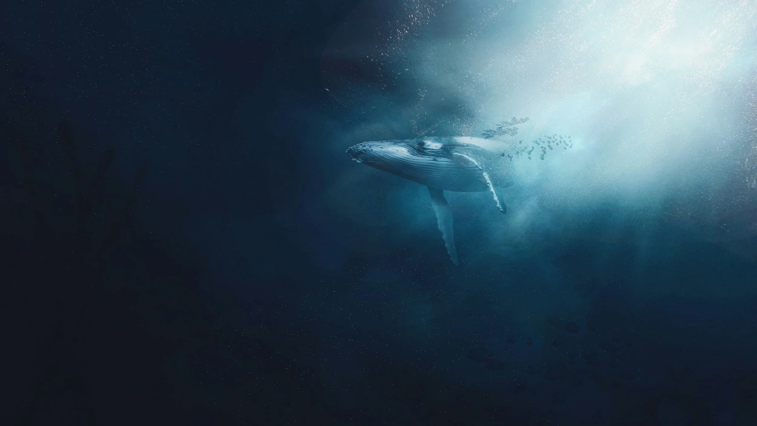 Una ballena azul nadando en las profundidades del océano, con luz solar filtrándose desde la superficie.