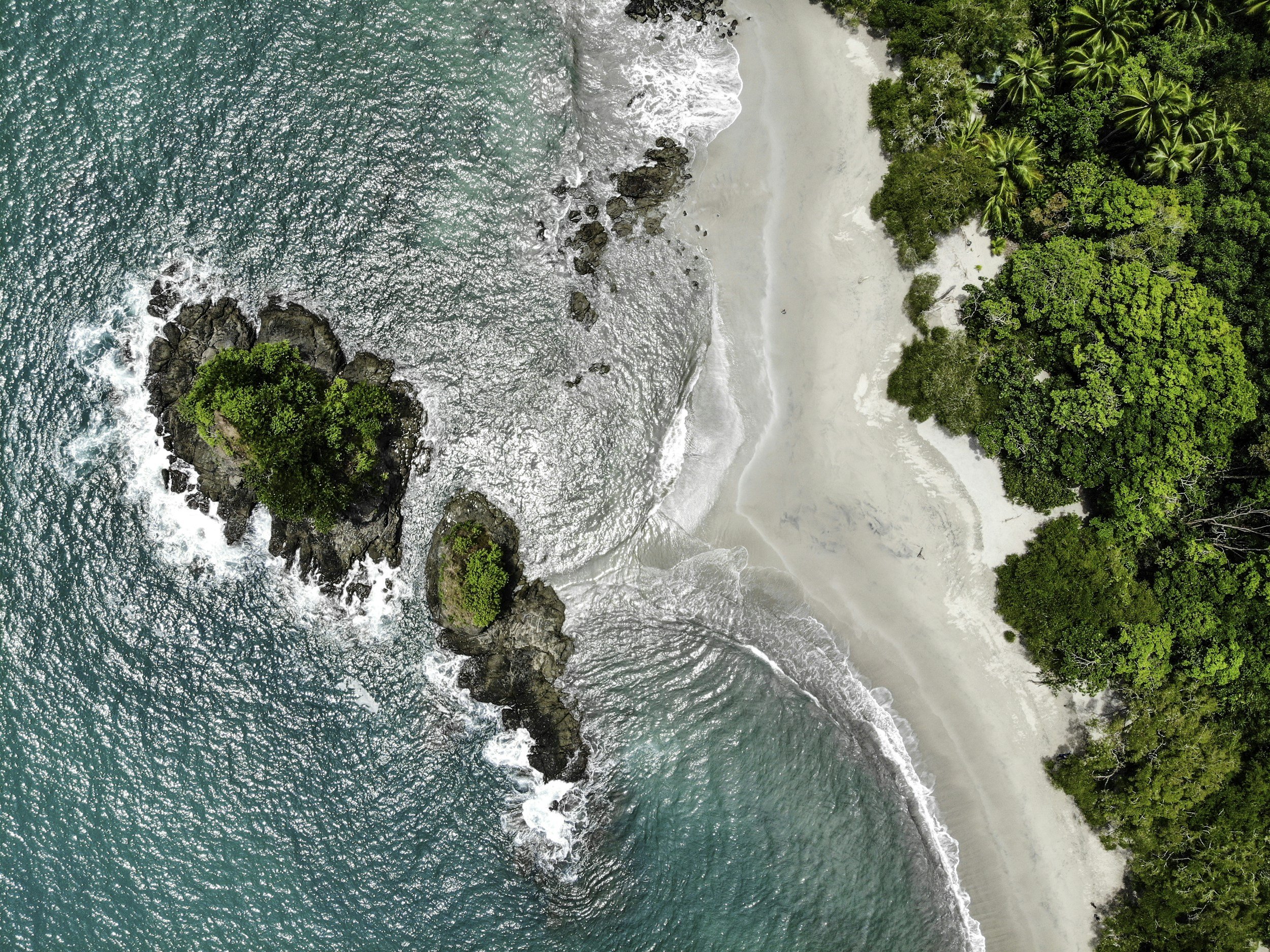 Vista aérea de una playa con agua turquesa, rocas en la orilla, arena blanca y vegetación tropical densa