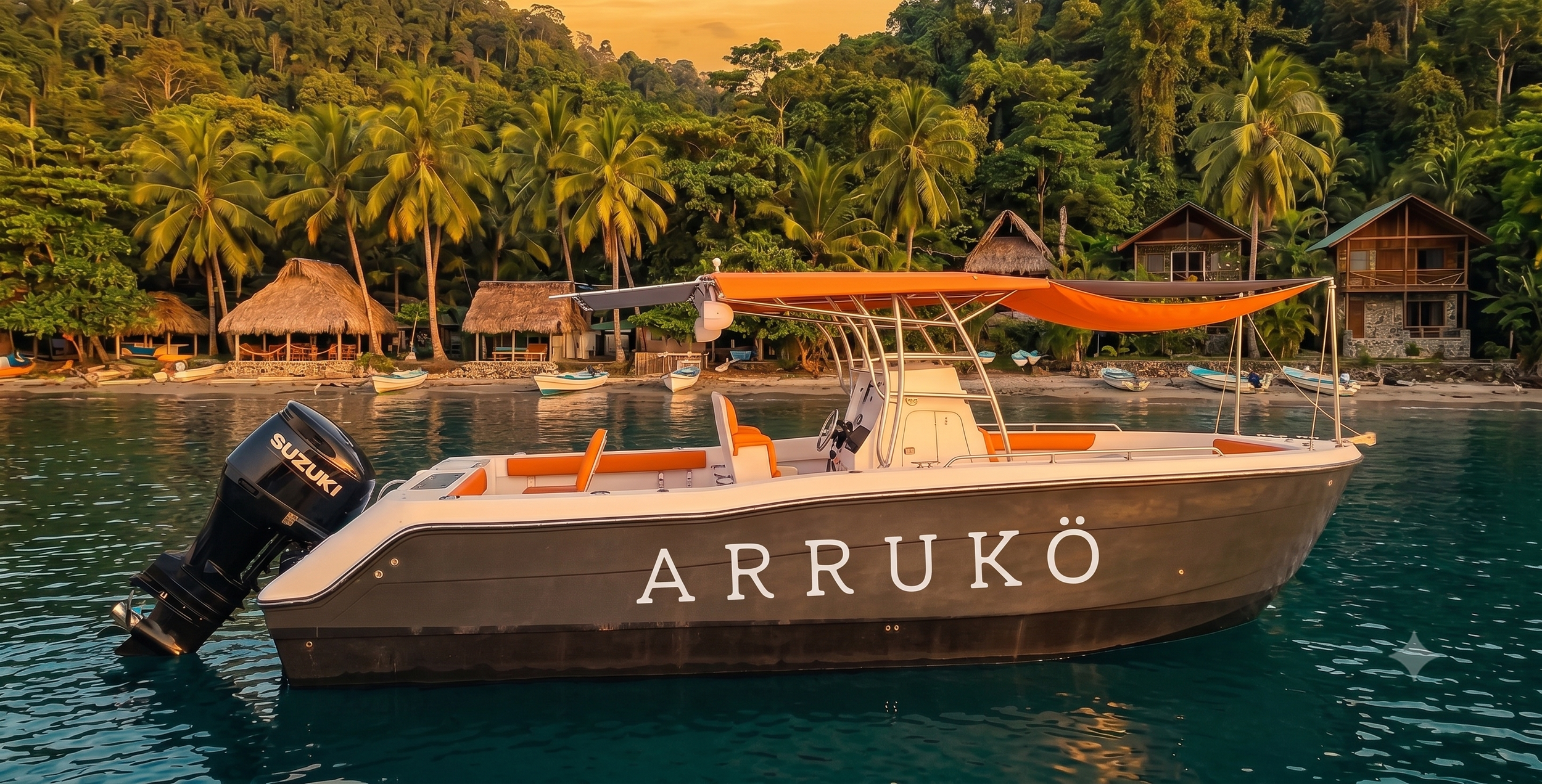 Un barco en un cuerpo de agua con bosque tropical de palmeras y cabañas frente a la playa, al atardecer.