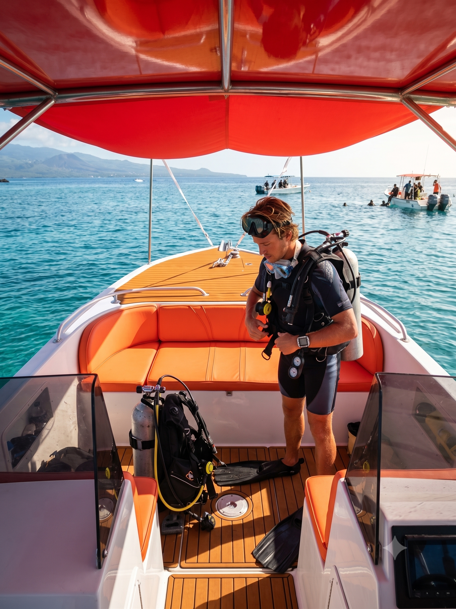 Hombre preparando equipo de buceo en una embarcación con vista al mar, otras embarcaciones en el agua y montañas al fondo.