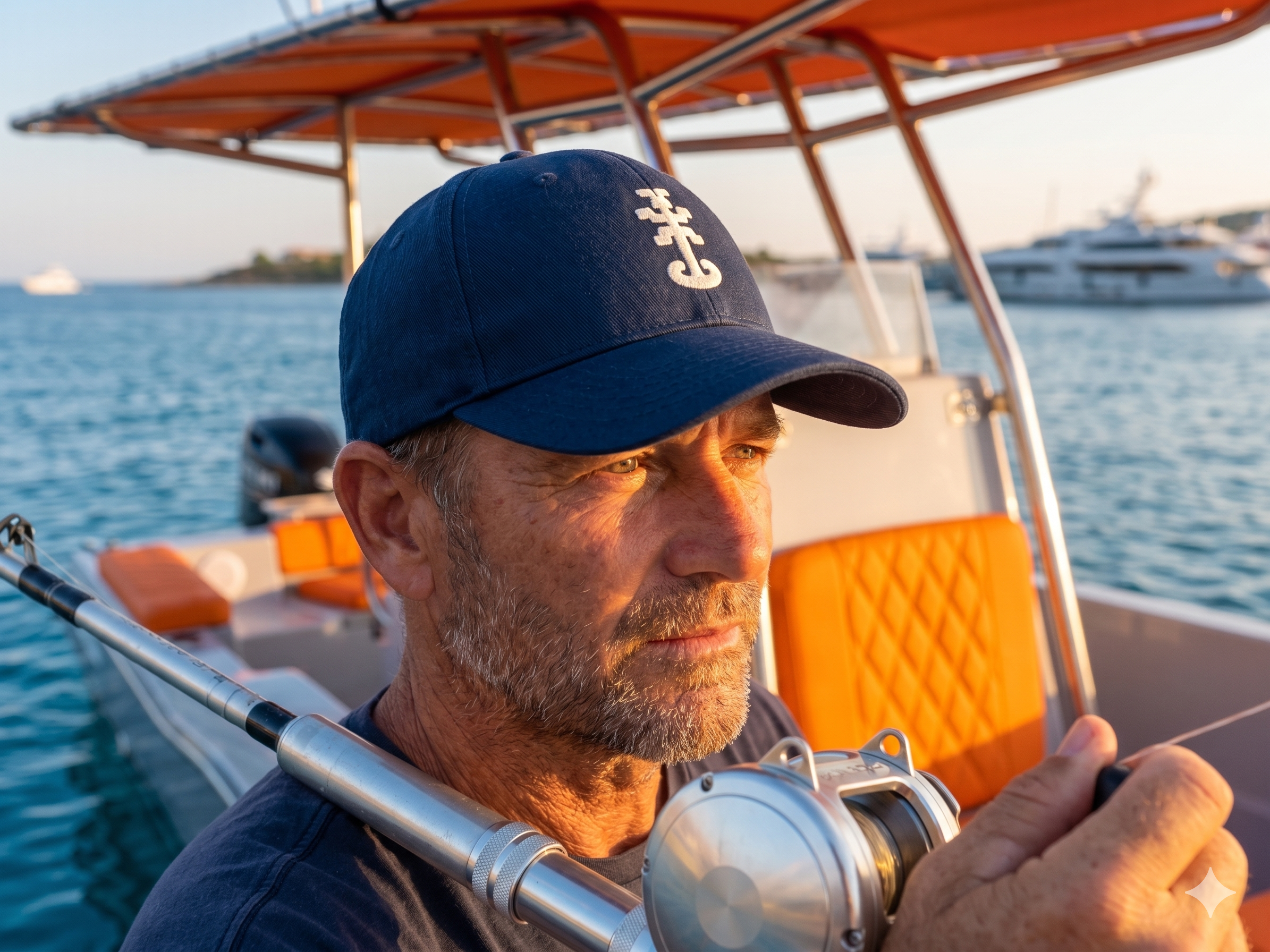 Un hombre mayor con barba y bigote, llevando una gorra azul con un símbolo en blanco, sostiene un equipo de pesca en un bote en el mar durante el atardecer, con otros botes y un horizonte en el fondo.