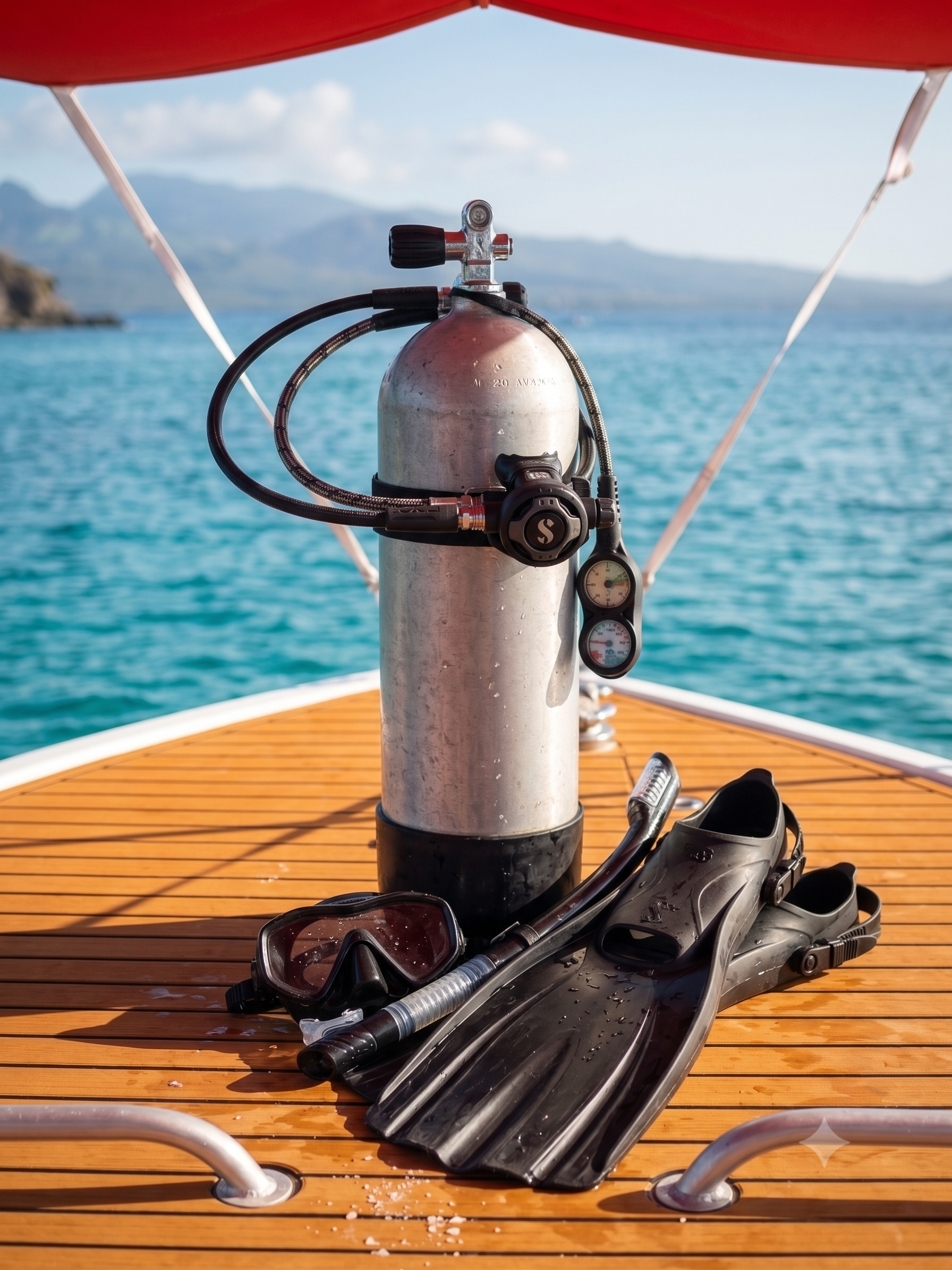 Equipo de buceo, gafas, tubo respirador y aletas, colocados sobre una embarcación en el mar con fondo de montañas y cielo despejado.
